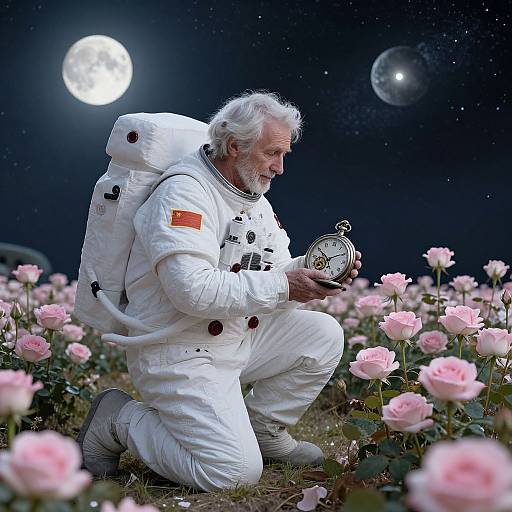 Elderly white-bearded man in white astronaut suit kneels in pink rose field at night, examining a vintage pocket watch under full moon and stars