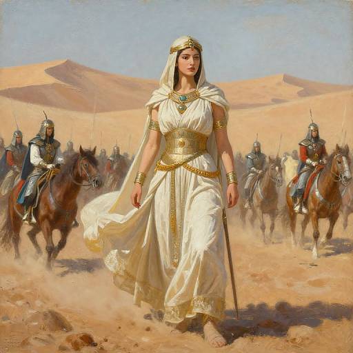 Digital painting of a regal woman in white, gold-trimmed desert dress leading armored cavalry through sandy dunes under a clear blue sky.