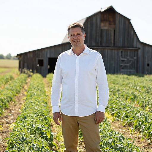 Photograph of middle-aged man with short dark hair, wearing white button-up shirt and beige pants, standing in front of rustic wooden barn in sunlit