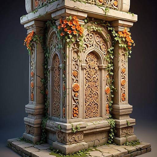 Ornate Stone Pillar with Vines and Flowers