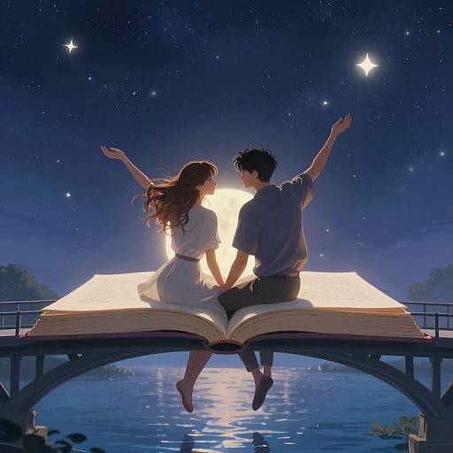 Digital anime-style illustration of a couple sitting on an open book bridge at night, arms raised, with a starry sky and glowing moonlit water below