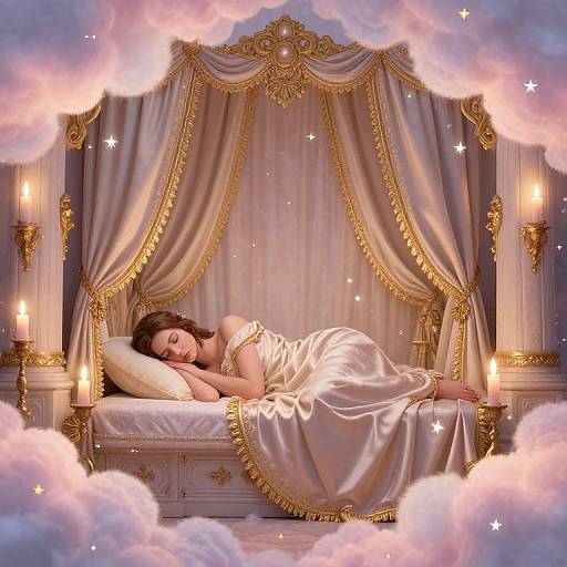 Photograph-style digital art: Dreamy scene of a sleeping woman in a luxurious, gold-trimmed canopy bed, surrounded by soft clouds and glowing