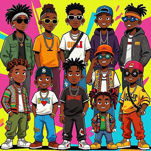 Digital illustration of nine young Black children and teens in vibrant, stylish outfits with bold colors and accessories, standing against a bright, abstract background.