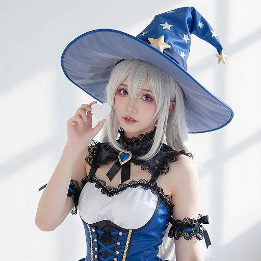 Young woman in blue starry witch cosplay hat