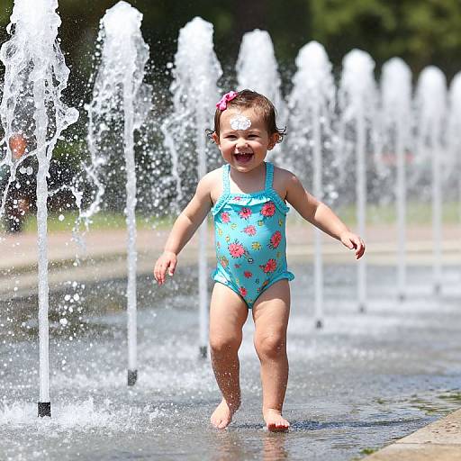 Joyful Toddler Playing in Water Jets