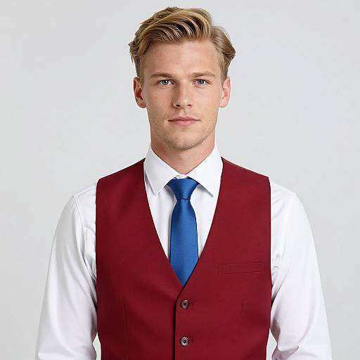 Photograph of a handsome young man with blonde hair, blue eyes, wearing a white shirt, blue tie, and maroon vest, against a white