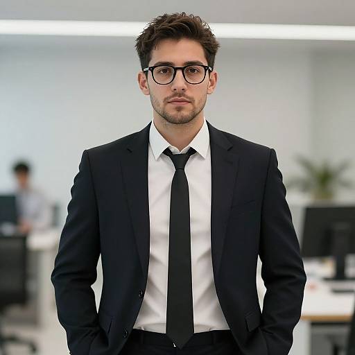 Photograph of a young, Caucasian man with short brown hair and glasses, wearing a black suit, white shirt, and black tie, standing confidently in