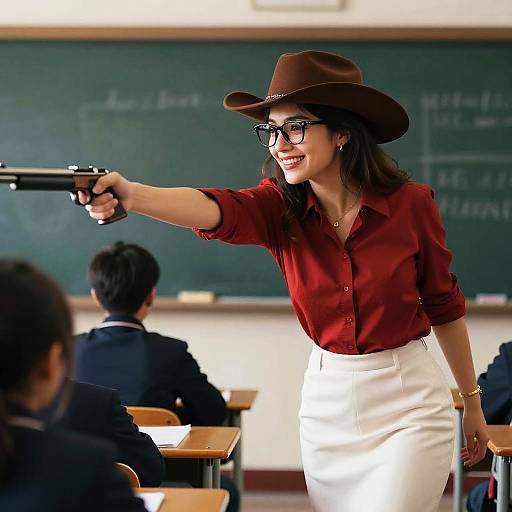 Photograph of a confident woman in a brown hat, red blouse, and white skirt, pointing a gun at students in a classroom. Chalkboard