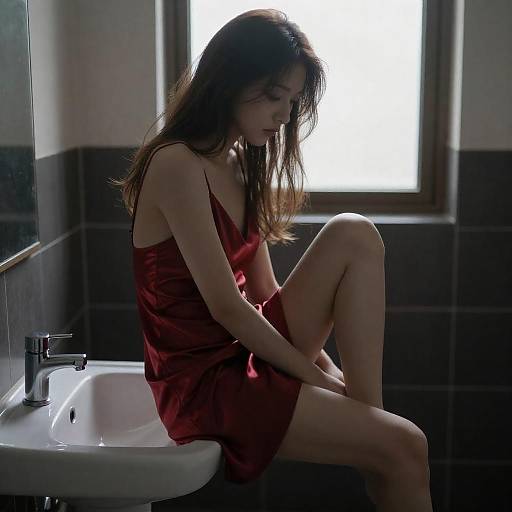 Silhouetted Woman in Red Satin Dress