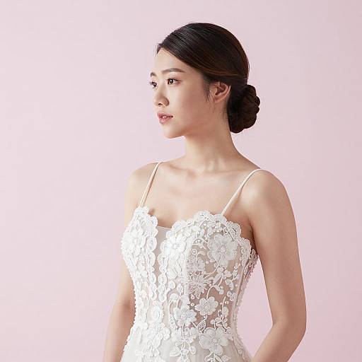 Petite Asian Bride in Lace Wedding Dress