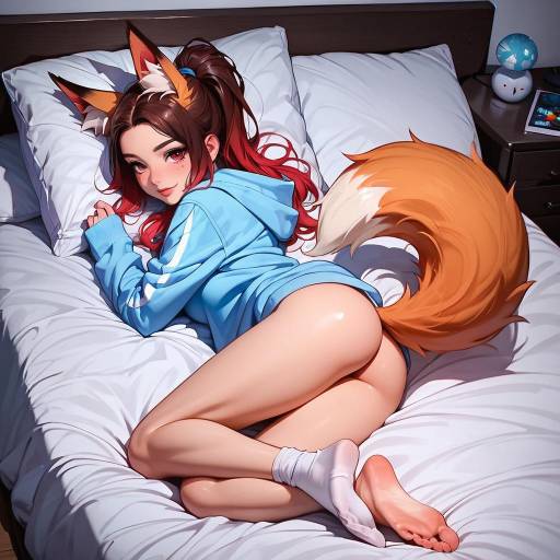 Anime Girl with Fox Ears and Tail on Bed