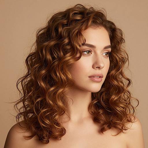 Photograph of a young woman with light brown, curly hair, fair skin, and soft brown eyes, gazing slightly to the right against a beige