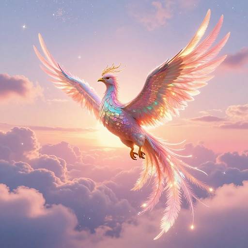 Digital art of a radiant, multicolored phoenix with glowing wings soaring through a pink and purple cloudy sky at sunset.