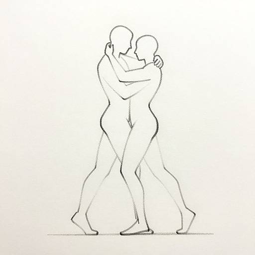 Minimalist black and white line drawing of two nude, bald, embracing figures in a romantic dance pose on a white background.