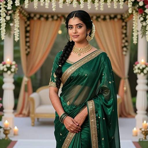 Photograph of an Indian woman with dark hair in a braid, wearing a green saree with gold embroidery, traditional jewelry, standing in a decorated