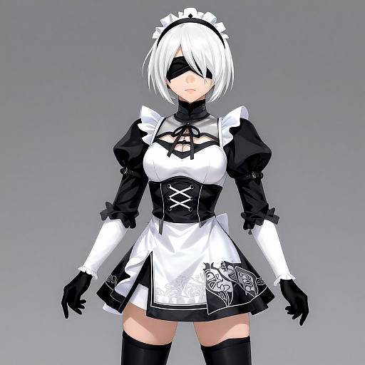 Digital anime-style drawing of a white-haired, blindfolded woman in a black and white maid outfit with lace, corset, and thigh-high stockings