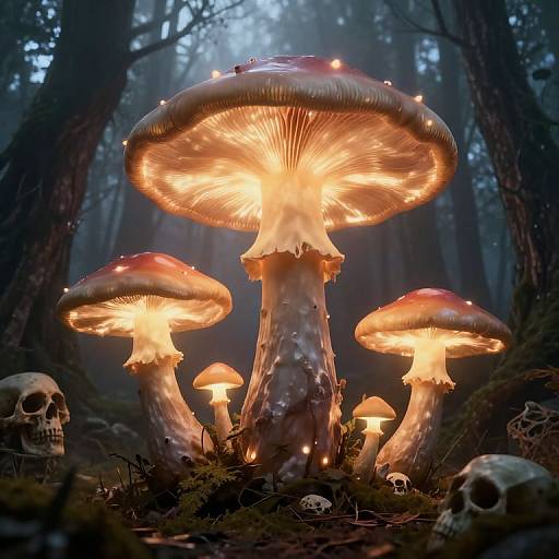 Photograph of glowing, large red-and-orange mushrooms in a dark, misty forest, surrounded by scattered human skulls, creating a haunting, mystical scene
