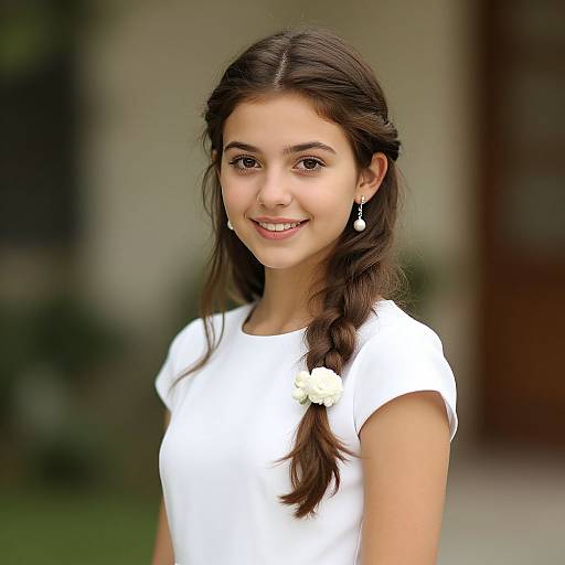 Photograph of a young girl with light brown skin, dark brown hair in a braid, wearing a white shirt, flower clip, and earrings,