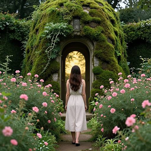Photograph of a woman with long brown hair in a white dress, walking towards a moss-covered archway in a pink flower-filled garden.