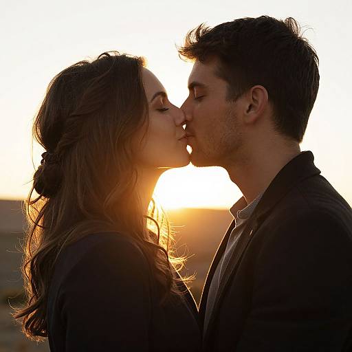 Photograph of a couple kissing at sunset, silhouetted against the bright, golden sky. The woman has long, wavy brown hair,