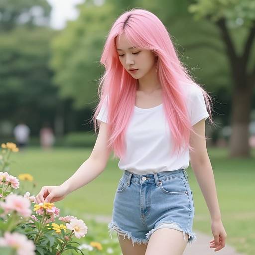 Photograph of an Asian woman with long pink hair, wearing a white t-shirt and frayed denim shorts, gently touching pink flowers in a green park