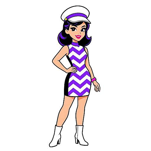 Cartoon-style drawing of a confident woman with black hair, wearing a white hat, purple and white zigzag dress, and white boots.