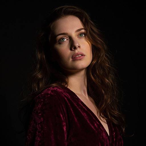 Photograph of a fair-skinned woman with green eyes, wearing a deep red velvet robe, against a black background. Her wavy brown hair casc