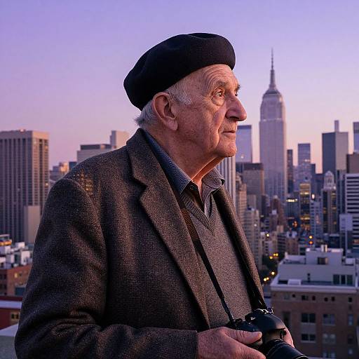Photograph of elderly white man with gray hair, wearing black beret, brown suit, and holding camera, gazing at New York City skyline at