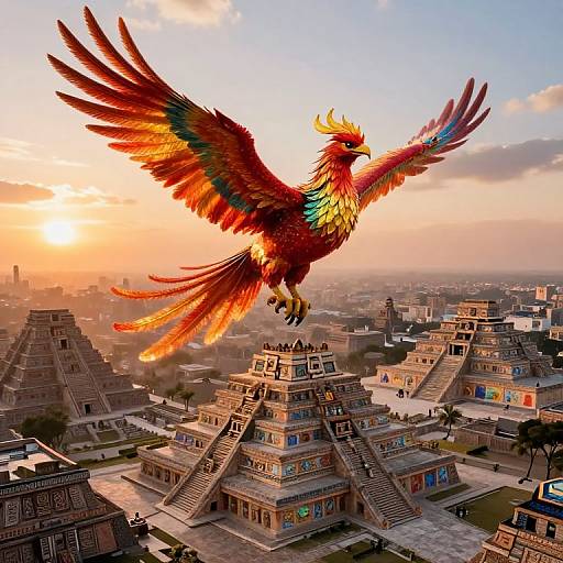 Digital artwork of a vibrant, multicolored phoenix soaring over ancient Mayan ruins at sunset, with detailed pyramids and a hazy sky.
