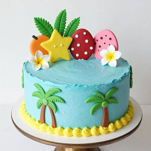 Photograph of a blue-frosted cake with yellow piped border, palm trees, green leaves, orange and yellow star, red polka-dot