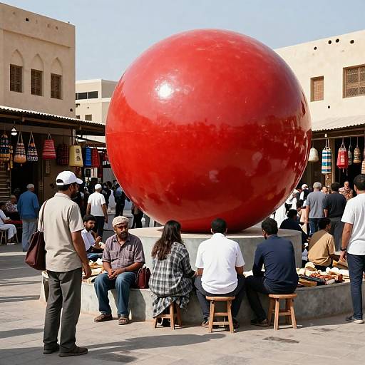 Photograph of a bustling outdoor market with a large, shiny red spherical sculpture, surrounded by diverse people sitting and standing.