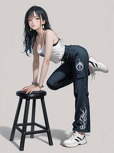 Digital anime-style drawing of a black-haired woman in a white tank top, black cargo pants, and white sneakers, crouching on a stool.