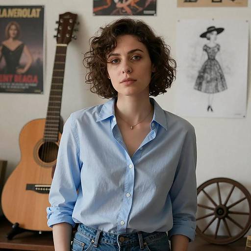 Woman in Cluttered Room with Guitar