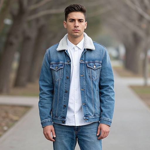 Photograph of a young man with short dark hair, wearing a denim jacket with a white shearling collar over a white shirt, standing on a tree