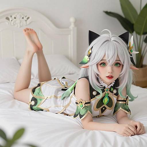 White-Haired Anime Girl on Bed
