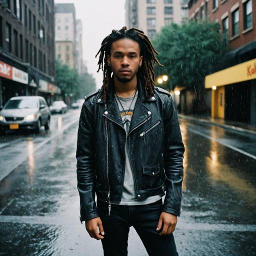 Young Man in Leather Jacket on Rainy Urban Street
