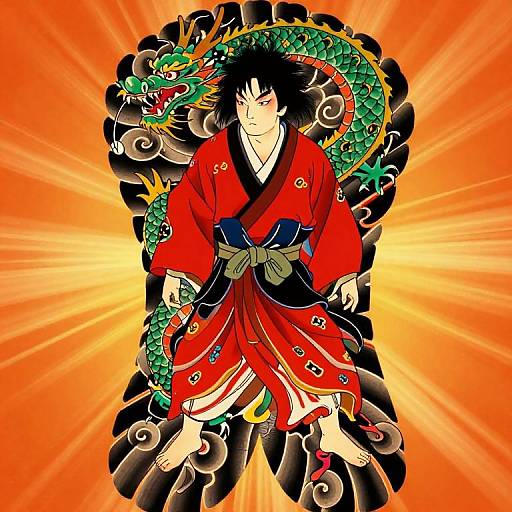 Anime-style digital drawing of a serious black-haired man in a red kimono, surrounded by a vibrant green dragon and intense orange glow.