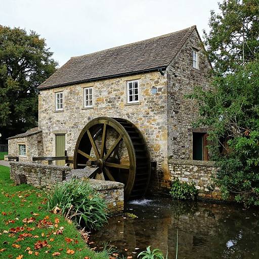 Photograph of a rustic stone mill with a large wooden waterwheel, set beside a calm stream, surrounded by greenery and trees.