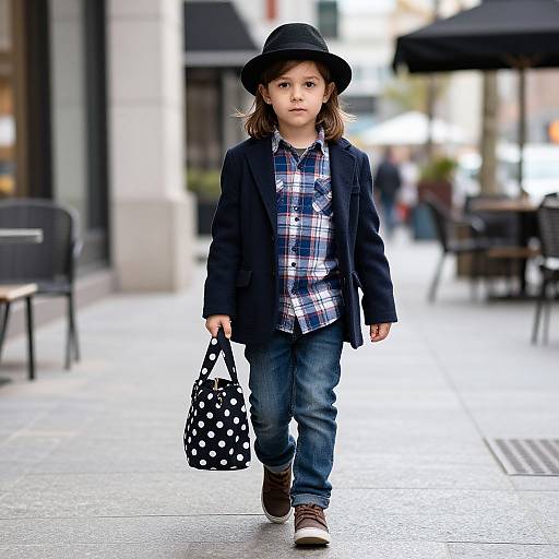 Photograph of a young boy with light brown hair, wearing a black hat, blue plaid shirt, navy blazer, blue jeans, brown shoes