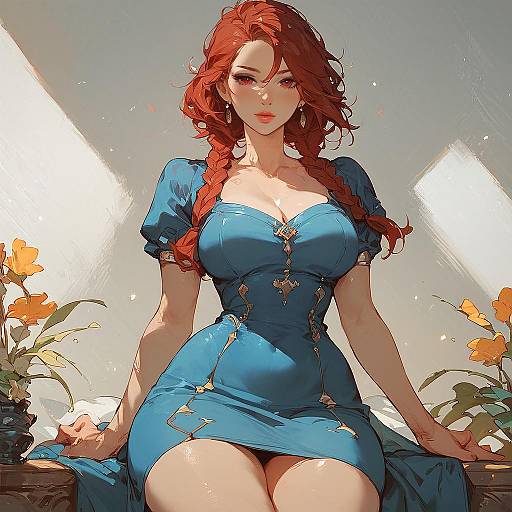 Red-haired Woman in Blue Maxi Dress