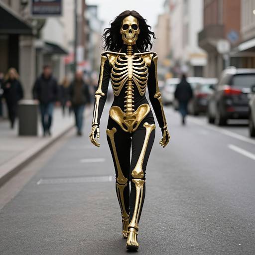 Photograph of a gold skeleton woman with long black hair walking down a city street, blurred pedestrians and cars in the background.