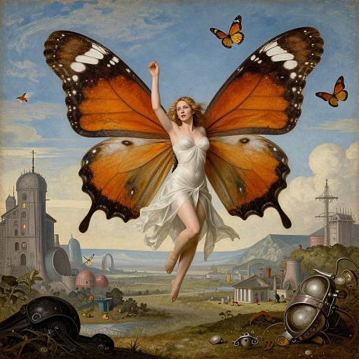 Fantastical painting of a fair-skinned woman with large, orange butterfly wings, floating above a surreal landscape with medieval towers, ships, helmets,