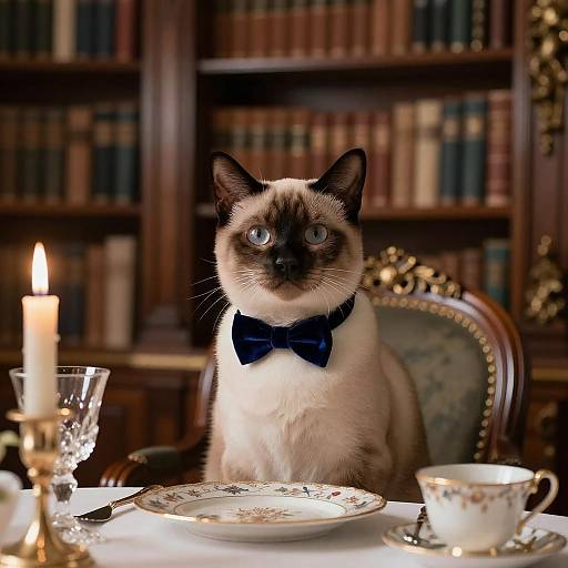 Siamese Cat Dining in Luxurious Library
