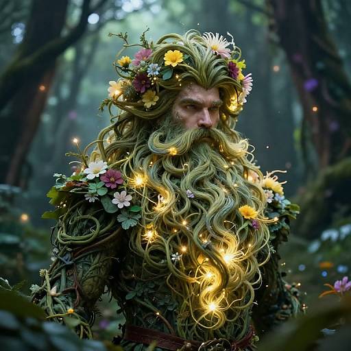 Digital artwork of a mythical forest figure with a glowing, flower-adorned, wavy green beard and illuminated face, standing in a mystical, enchanted