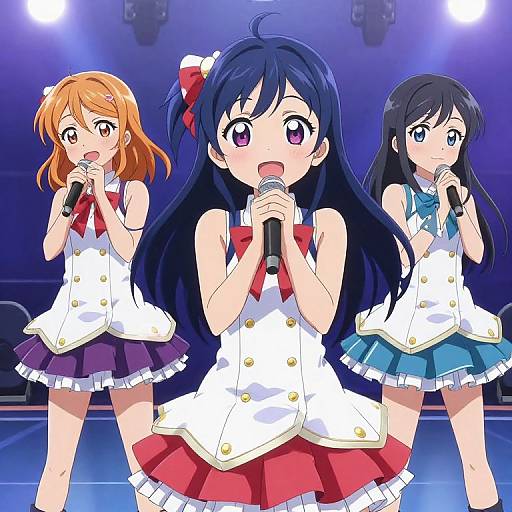 Anime-style digital drawing of three young girls in white sleeveless dresses and red, purple, and blue skirts, singing into microphones on stage under bright
