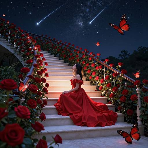 Photograph-style digital artwork of a woman in a red dress, sitting on illuminated stairs at night, surrounded by red roses and glowing butterflies, with a