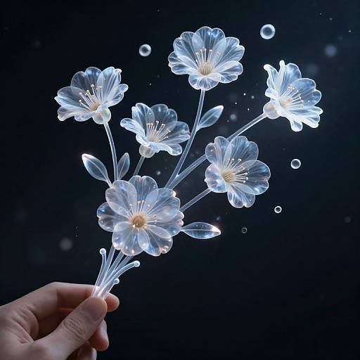 Photograph of a glowing, transparent flower bouquet with delicate petals and stems, illuminated against a dark, starry background. Hand holds the flowers.