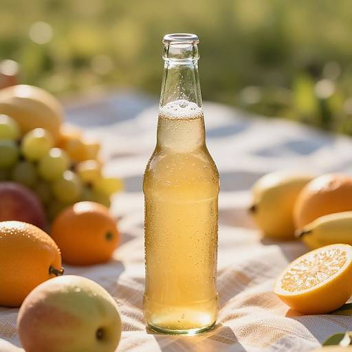 Photograph of a frosted glass bottle filled with golden liquid, surrounded by various fruits (oranges, apples, grapefruit, grapes) on a