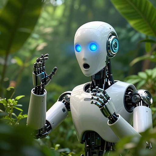 Photograph of a glowing blue-eyed, white humanoid robot with black joints, raising its hand in a lush, green jungle.