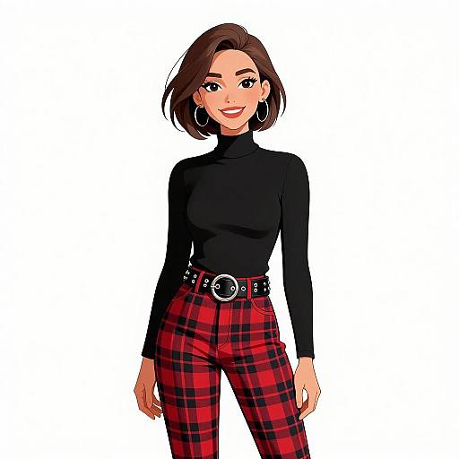 Digital illustration of a smiling woman with short brown hair, wearing a black turtleneck and red plaid high-waisted pants, belted with